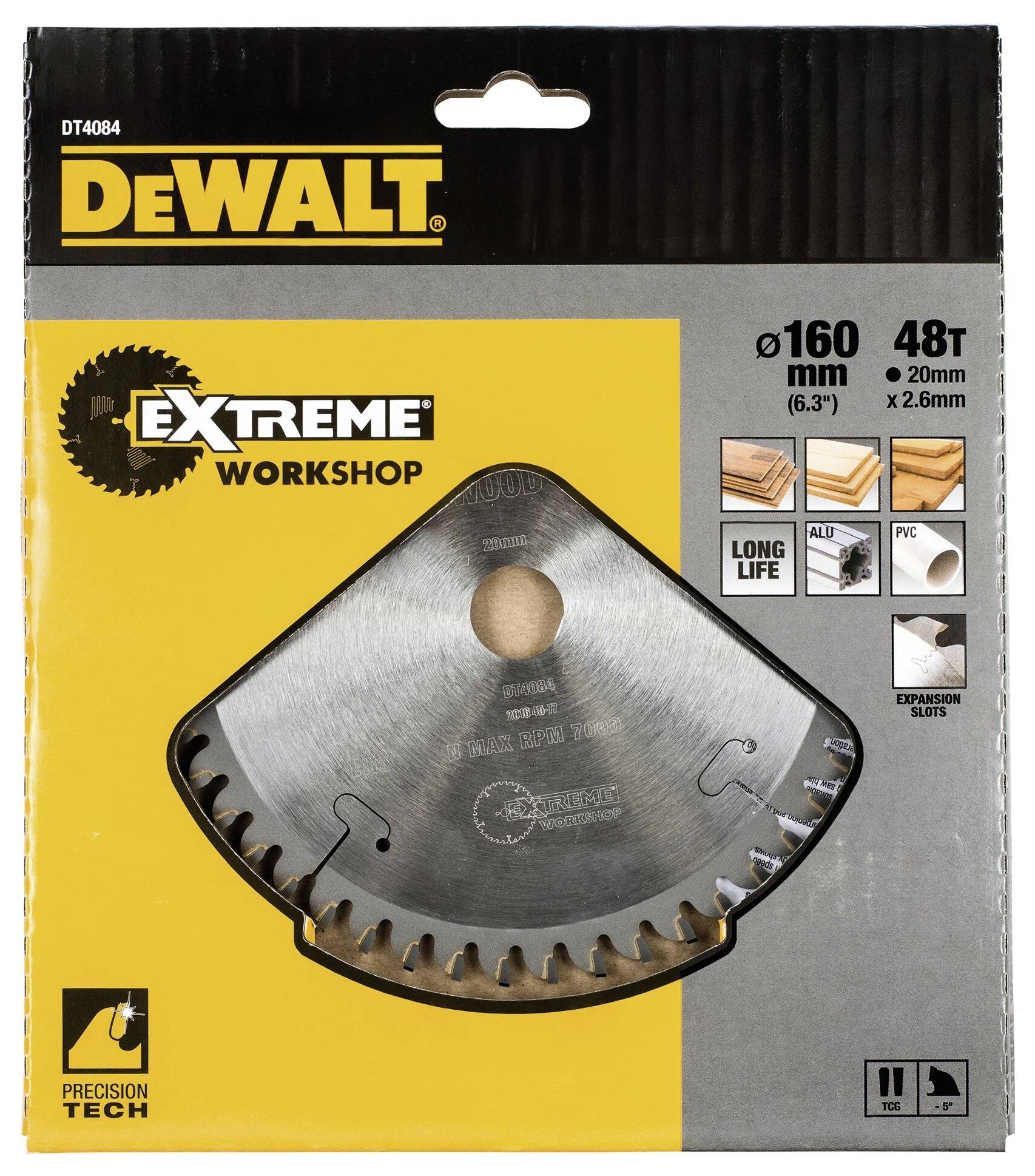 'DeWalt Extreme Workshop Sägeblatt, 160 mm, 48 Zähne, Präzisionstechnik, geeignet für präzise Schnitte in diversen Materialien.'