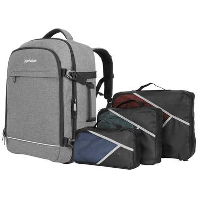 Grauer Rucksack mit schwarzem Griff, begleitet von drei schwarzen Packtaschen mit farbigen Streifen in Rot, Grün und Blau.