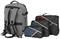 Ein grauer Rucksack mit zwei Schulterriemen und drei unterschiedlich großen, schwarzen Taschen mit diagonalen Streifen.