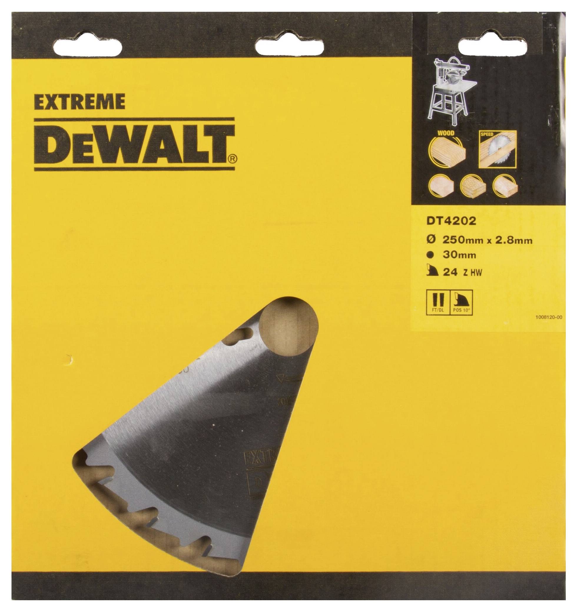 Eine gelbe 'DeWalt' Verpackung mit einem Kreissägeblatt. Text: 'EXTREME', 'DT4202', Durchmesser 250 mm. Geeignet für Holzschnitt.