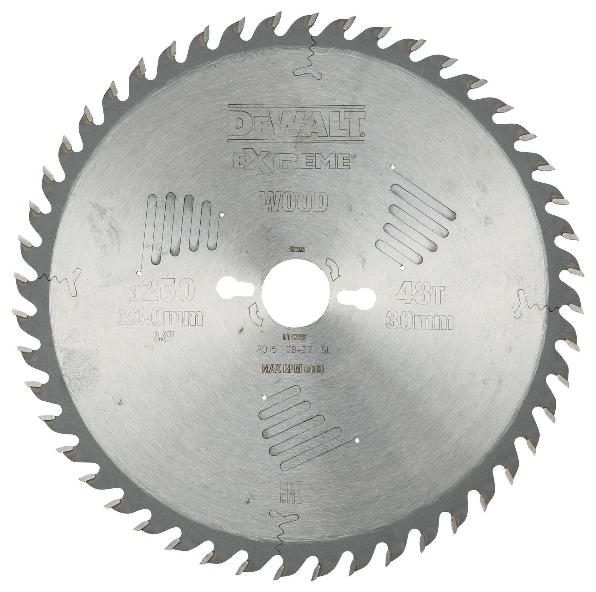 Sägeblatt von DEWALT für Holz mit 250 mm Durchmesser, 48 Zähnen und 30 mm Bohrung, geeignet für präzises und schnelles Schneiden.