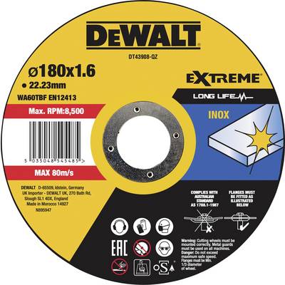 'DEWALT Schleifscheibe Ø180x1.6mm, 22.23mm Bohrung, Max. RPM: 8,500 und max. Geschwindigkeit: 80m/s. Eignung für INOX.'