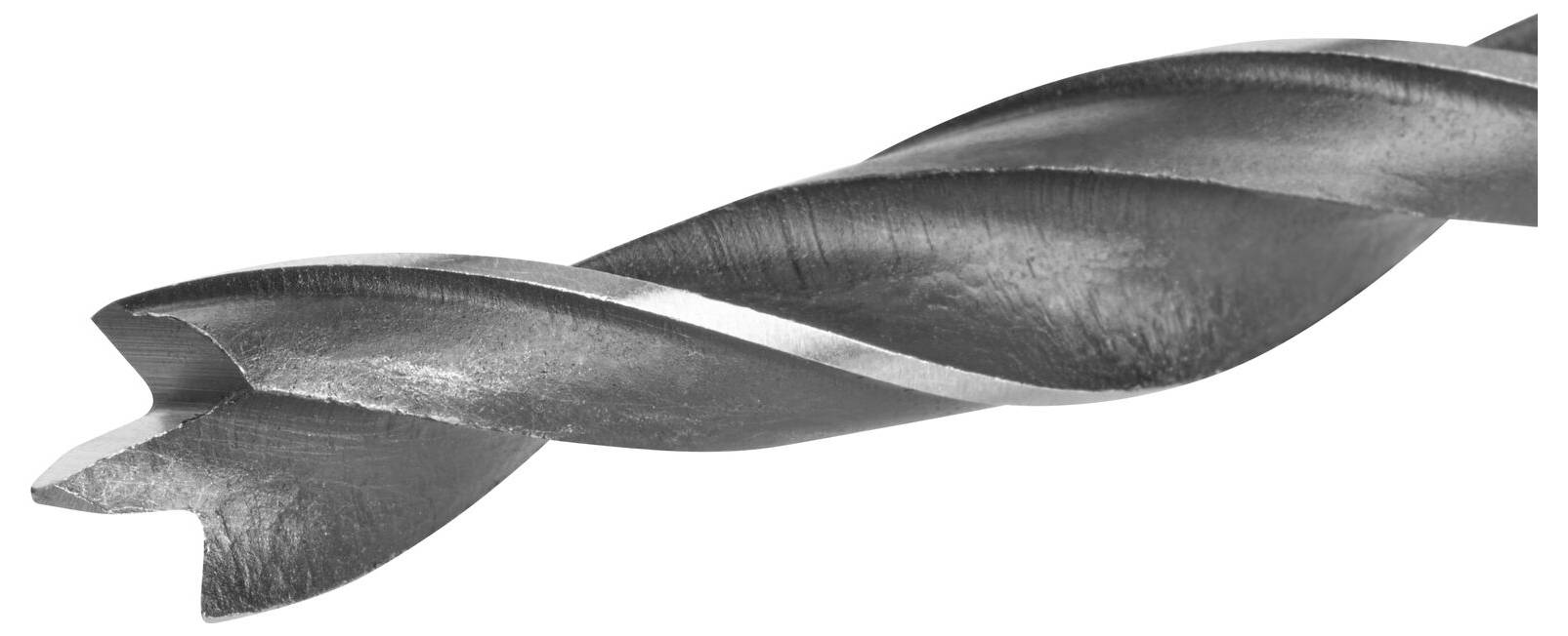 Metallbohrer, Nahaufnahme: Zeigt die spiralförmige Klinge und Spitze des Bohrers, typisch für Bohrarbeiten in Metall.
