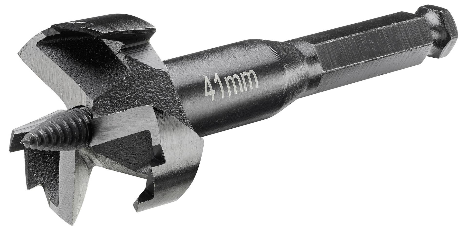 Der Bohrer ist ein großer Holzbohrer mit einem Durchmesser von 41 mm. Er hat ein dickes, scharfes Schneideprofil für präzises Bohren.