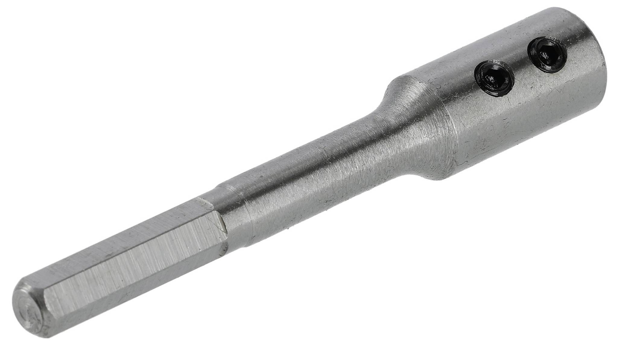 Metallischer Werkzeugadapter mit zylindrischer Form und zwei schwarzen Schrauben an der Seite, geeignet für Bohrmaschinen.