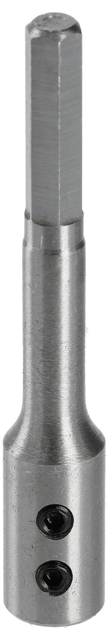 Metallischer Schraubadapter mit sechseckiger Aufnahme und zwei seitlichen Schraubgewinden, verwendet zum Verbinden von Werkzeugen.