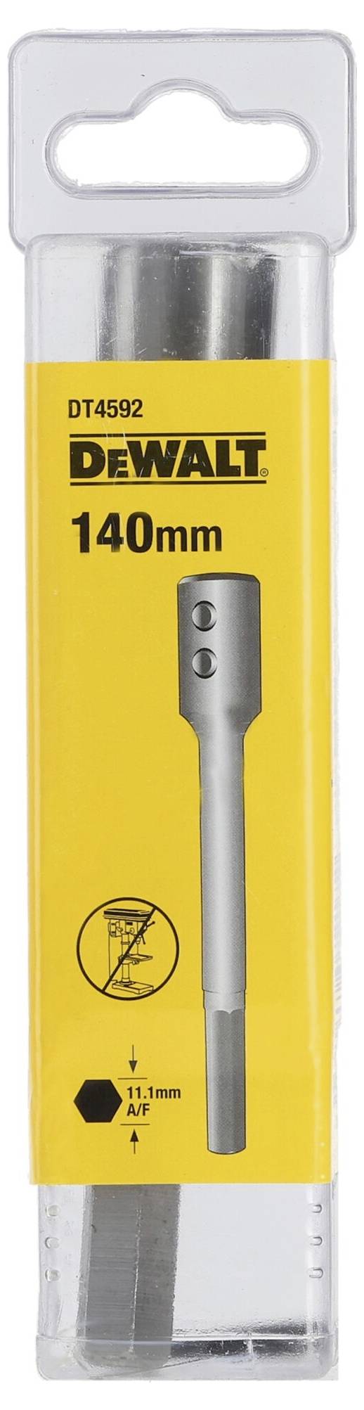 Bohrer-Verpackung mit Aufschrift 'DEWALT 140mm', Abbildung des Produkts, kompatibel mit SDS-plus; Warnhinweis für Augenschutz.