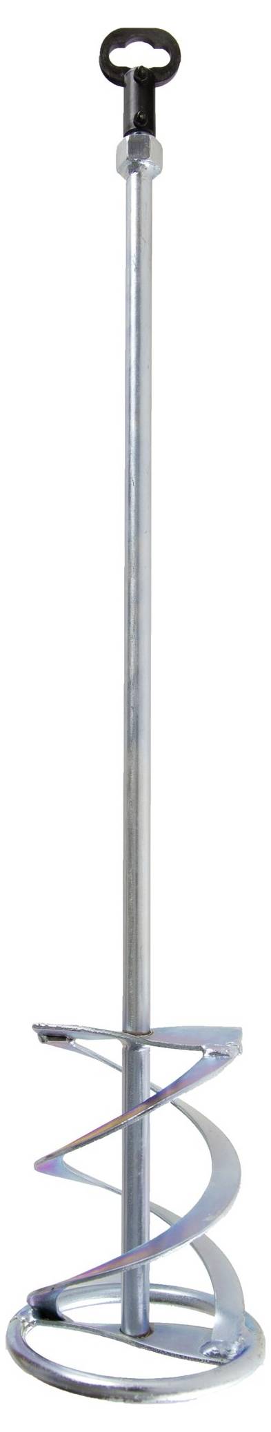 Ein Stabmixeraufsatz aus Metall mit spiralförmigem Mischblatteinsatz. Ideal zum Mischen von Farben oder anderen flüssigen Materialien.