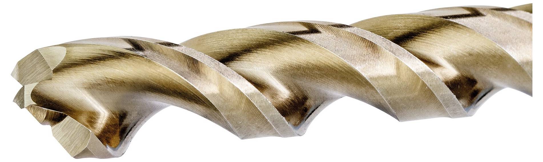 Nahaufnahme eines goldfarbenen Metallbohrers mit scharfen Kanten und spiraliger Form, die eine effiziente Bohrenbewegung ermöglicht.