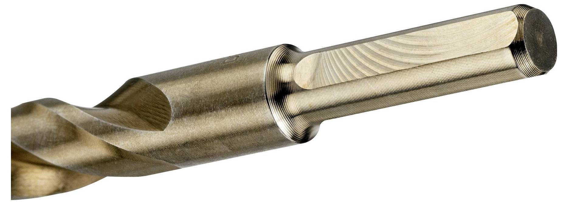 Metallbohrer mit spiraliger Spitze aus glänzendem Metall, geeignet zum Bohren von robusten Materialien wie Stahl oder Aluminium.