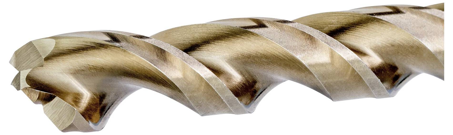Nahaufnahme eines Metallbohrers mit Spiralrillen, zeigt Schneidkante und glänzende Oberfläche. Werkzeug zur Bearbeitung von Metall.