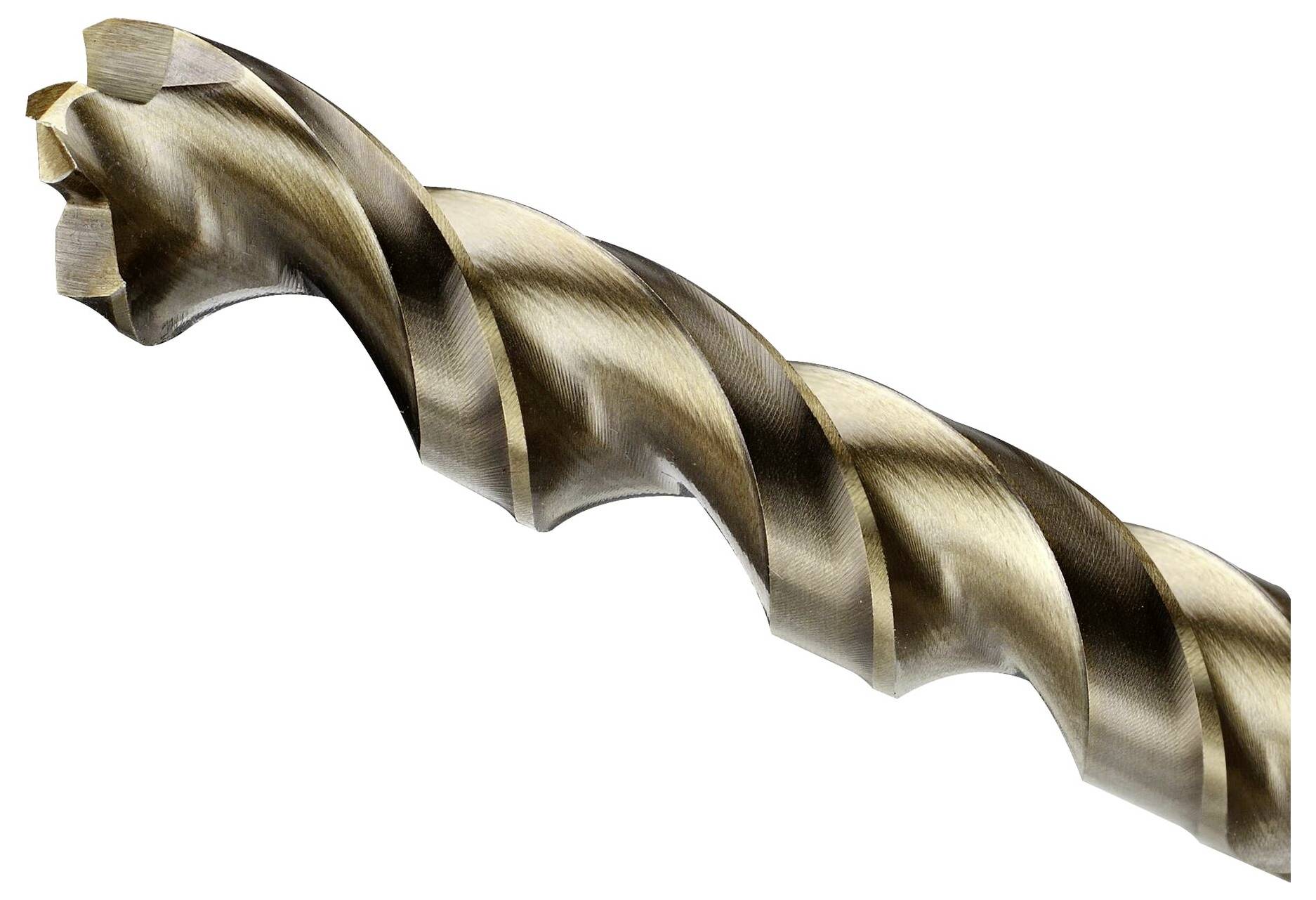 Ein Spiralbohrer mit metallener glänzender Oberfläche, der für präzises Bohren in Materialien wie Holz oder Metall verwendet wird.