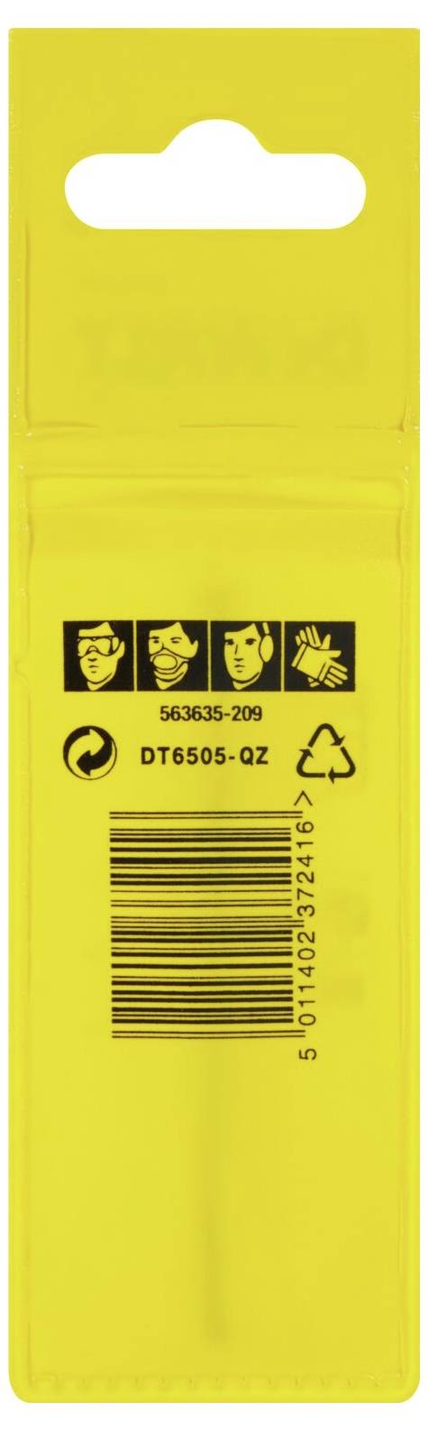 'Eine gelbe Verpackung mit Icons: Schutzbrille, Atemschutz, Gehörschutz und Handschutz. Enthält ein Recycling-Symbol und einen Barcode.'