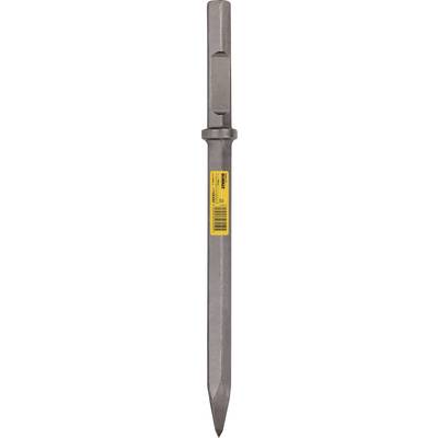 Ein langer, metallischer Bohrmeißel mit gelbem Etikett.