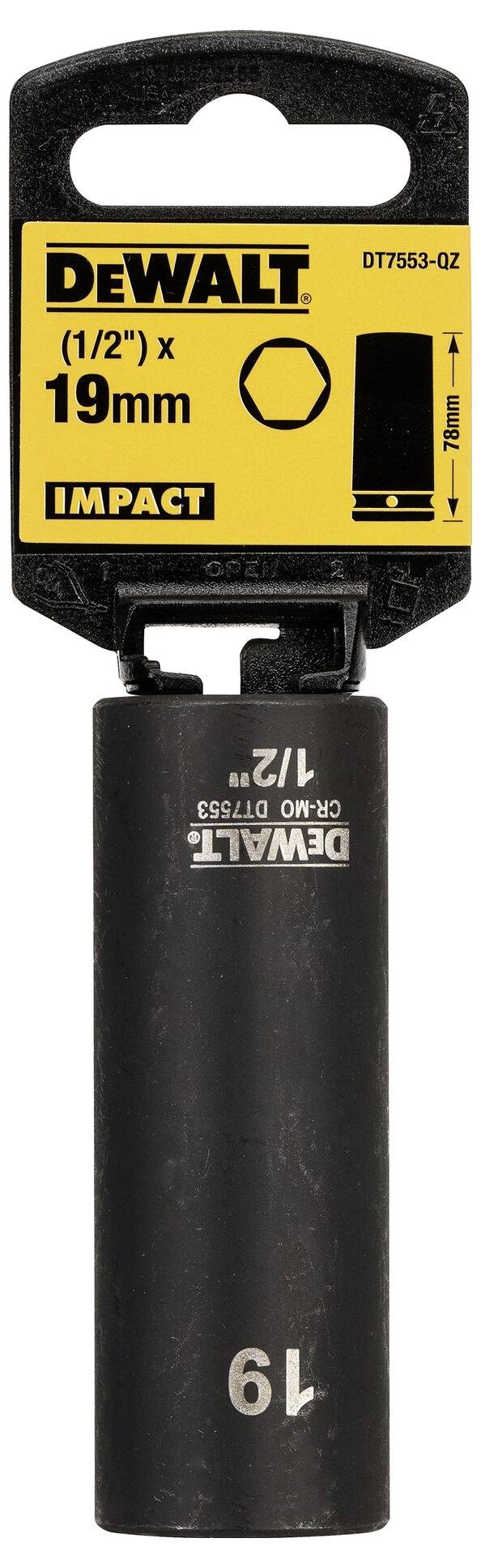 Stecknuss von DeWalt, Größe 19 mm, geeignet für 1/2-Zoll-Antriebe, Impact-Design. Enthält Produktcode und Abmessungen.