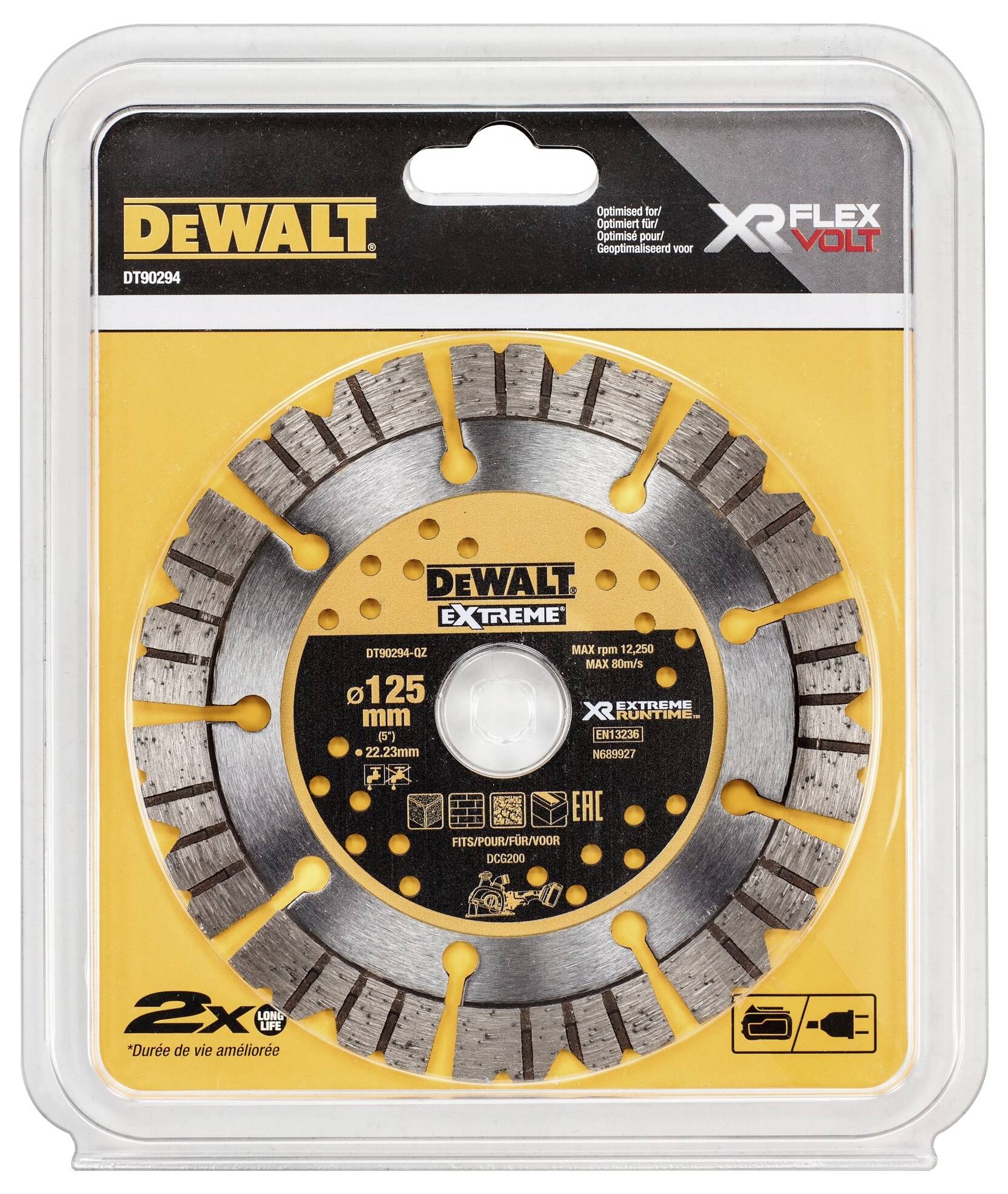 Verpackte DeWalt Diamanttrennscheibe, Modell XR FlexVolt, 125 mm Durchmesser, für Hochleistungsanwendungen auf Fliesen.