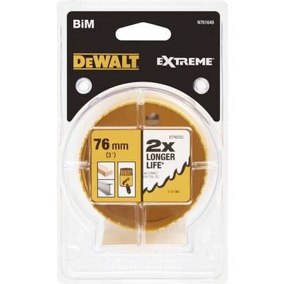 Runde Lochsäge mit der Aufschrift 'DeWalt Extreme', 76 mm. Verspricht doppelte Lebensdauer. Verpackung zeigt zwei Anwendungen: Holz und Metall.