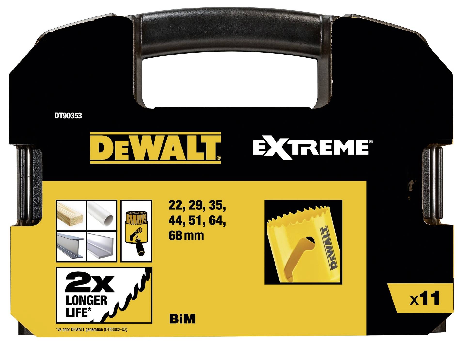 'DeWalt BiM' Sägeblätter-Set, enthält Größen 22, 29, 35, 44, 51, 64, 68 mm. Verspricht '2x längere Lebensdauer'.