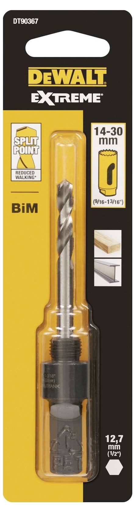Bohreraufsatz in Verpackung, Marke 'DeWalt Extreme', geeignet für 14-30 mm Löcher, mit Split Point Technologie für Metall und Holz.