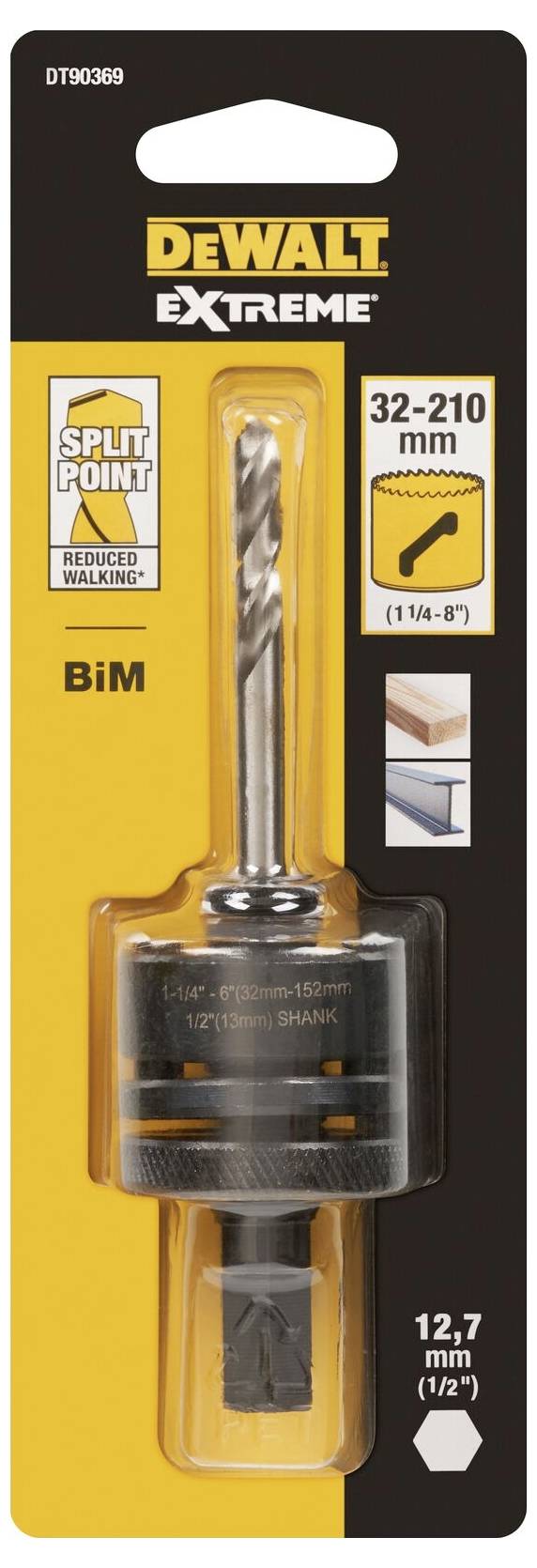 Verpackung eines Dewalt BiM Lochsäge-Sets, geeignet für 32-210 mm Löcher und 12,7 mm (1/2") Spannfutter, mit reduzierter Bohrtiefe.