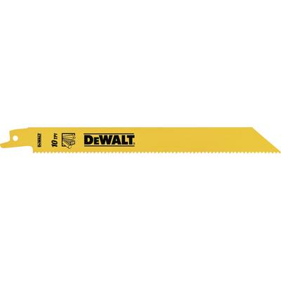 Gelbes Sägeblatt mit dem Markennamen 'DEWALT' in schwarzer Schrift, geeignet für den Einsatz mit elektrischen Sägen zur Holzverarbeitung.