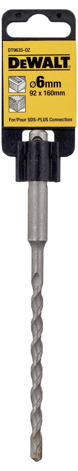 Abgebildet ist ein DeWalt Bohrer mit SDS-Plus Anschluss, 6mm Durchmesser und 160mm Länge, geeignet für Mauerwerk und Betonbearbeitung.