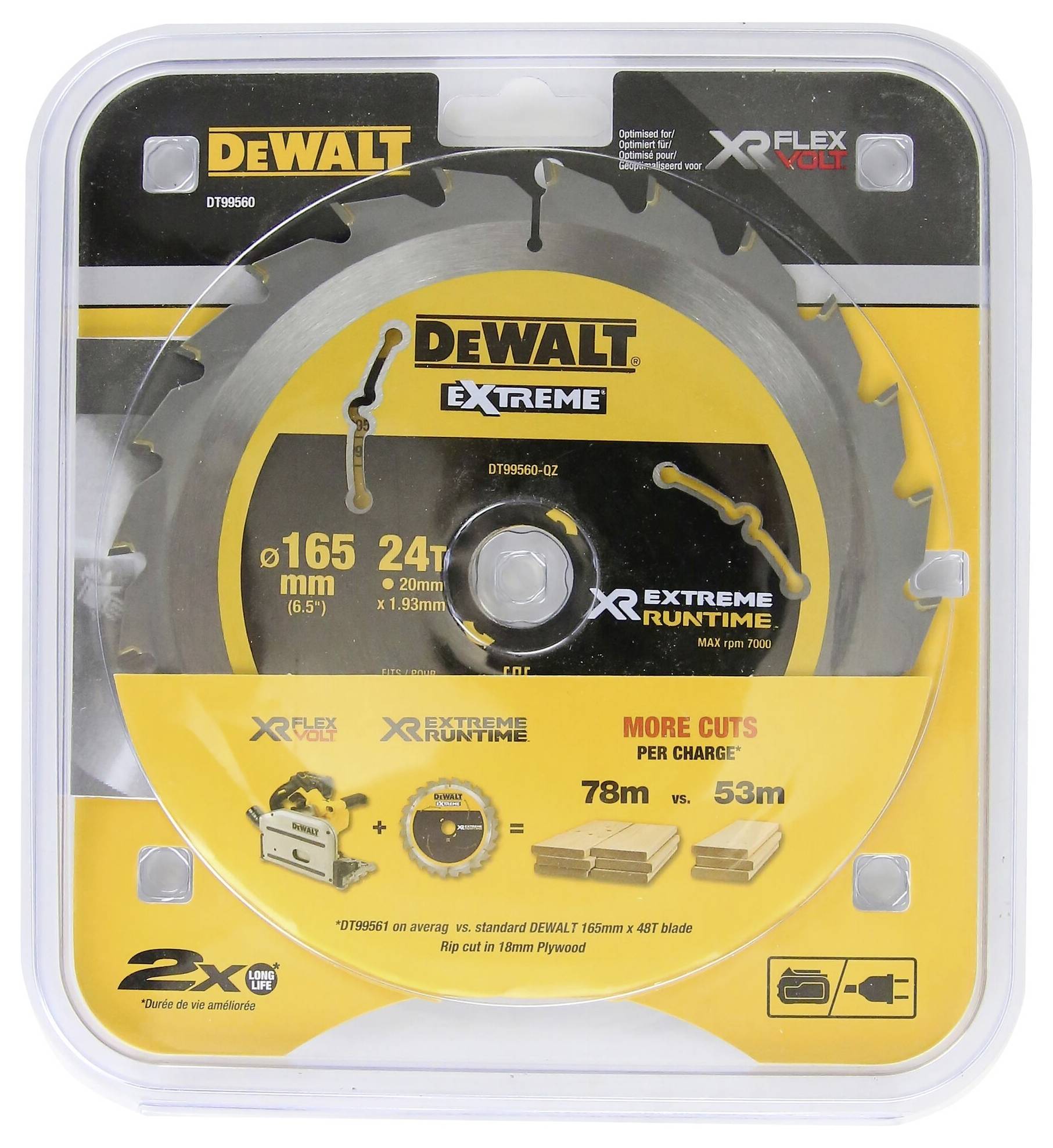 Rundes Sägeblatt in gelber Verpackung der Marke Dewalt, 165 mm Durchmesser, 24 Zähne, geeignet für Holz und Bauarbeiten.