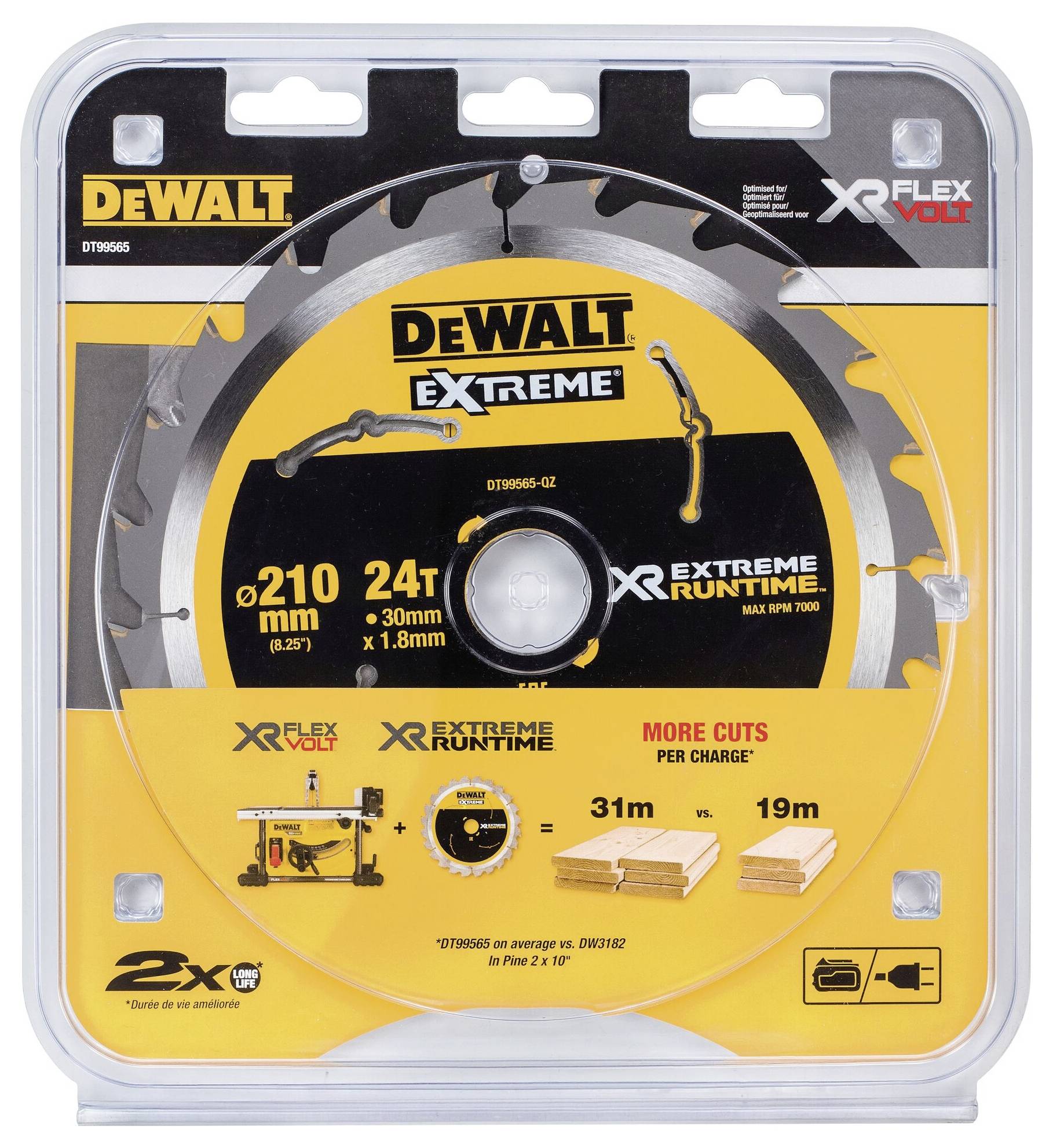 'Kreissägeblatt Dewalt Extreme 210mm, 24 Zähne. Besonders lange Laufzeit. Vergleicht Schnitte: mit 31m doppelt so viel wie 19m.'
