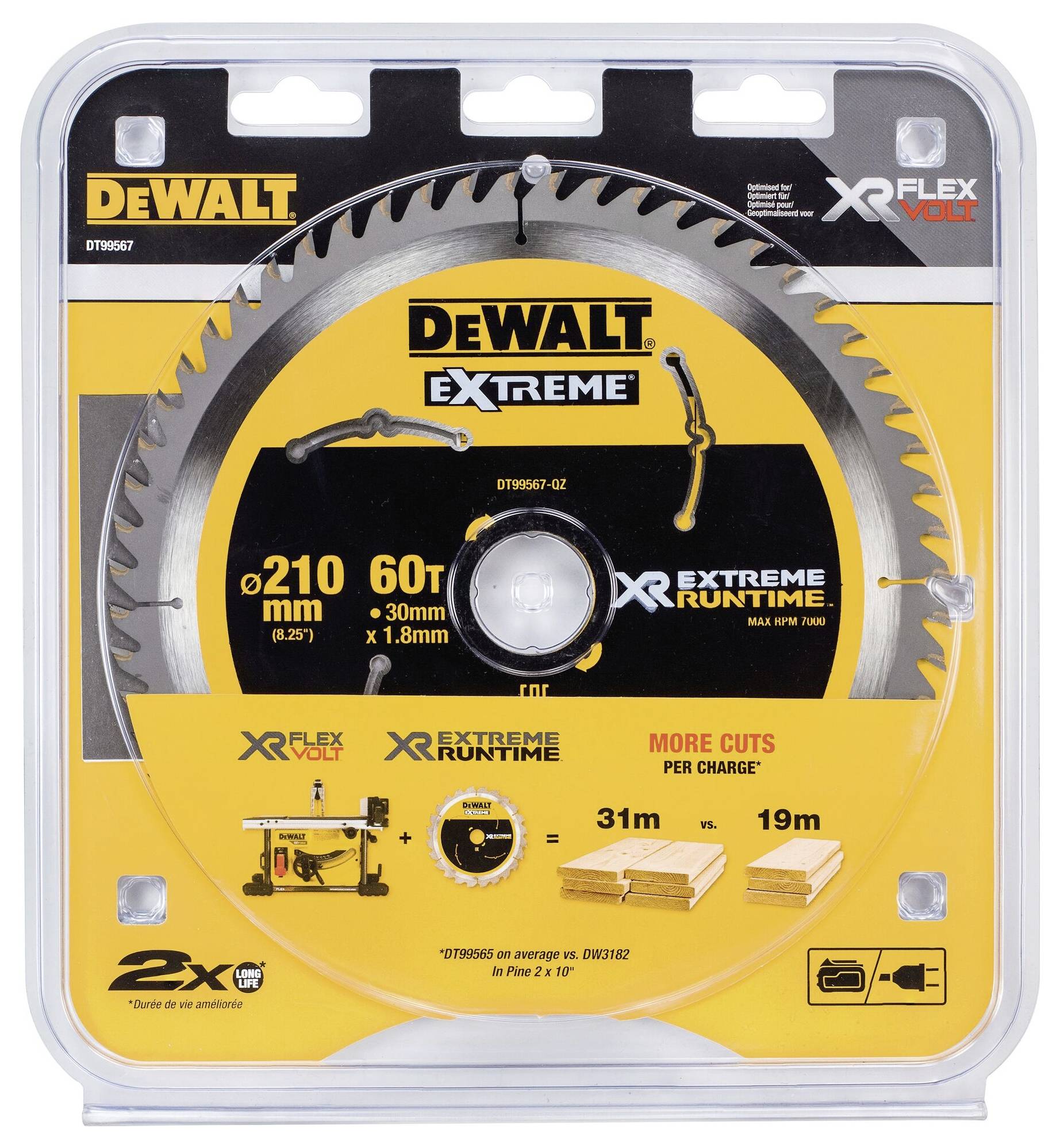 'DEWALT XTREME RUNTIME' Kreissägeblatt in Verpackung, 210 mm Durchmesser, 60 Zähne, für längere Schnitte mit XR Flexvolt System.