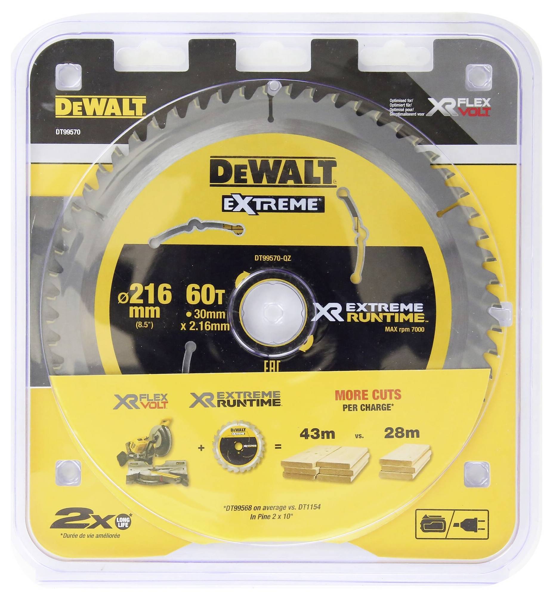 Kreissägeblatt von DeWalt, 216 mm Durchmesser, 60 Zähne, geeignet für Holz, 'Extreme Runtime' für längere Lebensdauer.