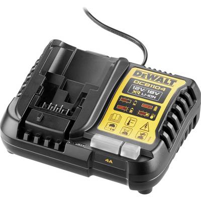 Schwarz-gelbes Ladegerät von DeWalt für 12V/18V Li-Ion-Akkus. Enthält Ladeanzeige und Kabel; Modellnummer DCB1104.