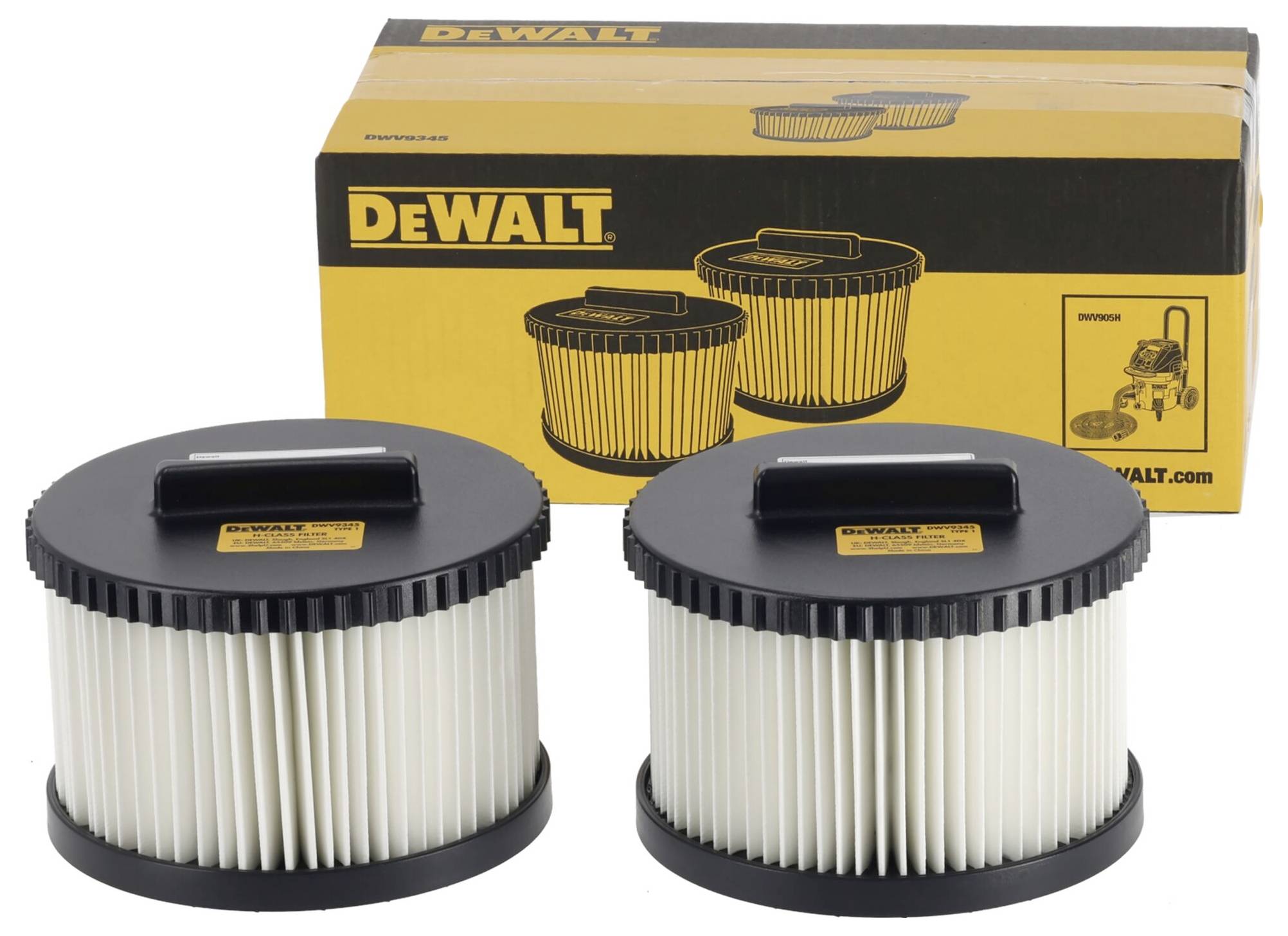 Zwei DeWalt-Filter mit Griffen stehen vor einer gelben Verpackung mit Abbildungen der Filter und dem DeWalt-Logo.