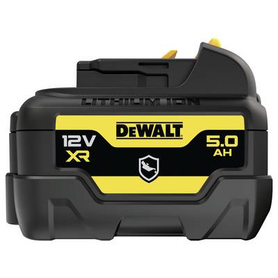 '12V XR Lithium-Ionen Akku von DeWalt mit 5,0 Ah Kapazität, schwarzes und gelbes Gehäuse, geeignet für diverse Elektrowerkzeuge.'