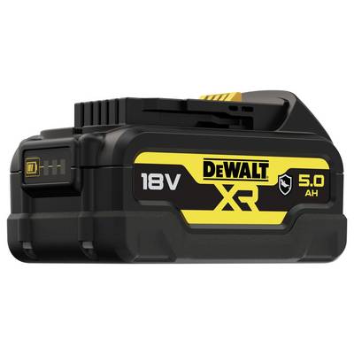 Schwarze und gelbe 18V Lithium-Ionen-Batterie mit der Aufschrift 'DEWALT XR 5.0 AH', geeignet für Elektrowerkzeuge.