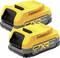 Zwei gelbe 18V Lithium-Ionen-Akkus der Marke Dewalt, jeweils mit 'XR' und 'Powerstack' aufgedruckt.