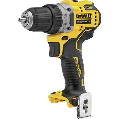 Ein gelber und schwarzer Akkuschrauber der Marke DeWalt, 12V, bürstenloser Motor, seitlich mit Gürtelclip, für Schraub- und Bohrarbeiten.