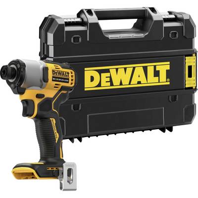 Ein kabelloser DeWalt-Schlagschrauber mit Bürstenmotor steht vor einem schwarzen Hartschalenkoffer mit gelbem DeWalt-Logo.