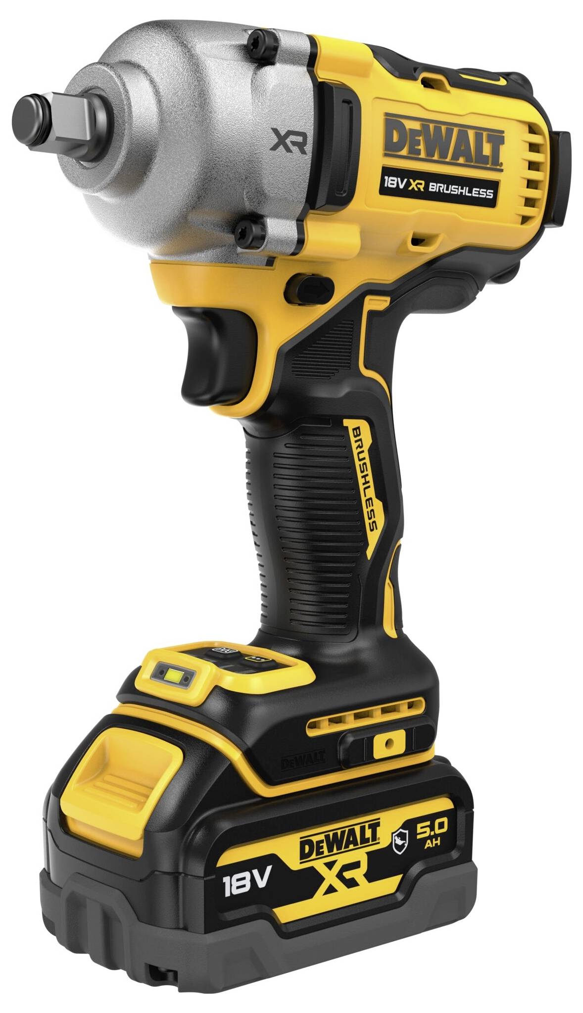 Ein kabelloser, gelb-schwarzer Akku-Schlagschrauber von DeWalt mit 18V, 5.0 Ah, geeignet für verschiedene Schraubarbeiten.