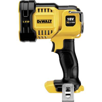Eine gelbe und schwarze LED-Taschenlampe mit der Aufschrift 'DEWALT' und '18V XR Li-ION', geeignet für professionelle Handwerker.
