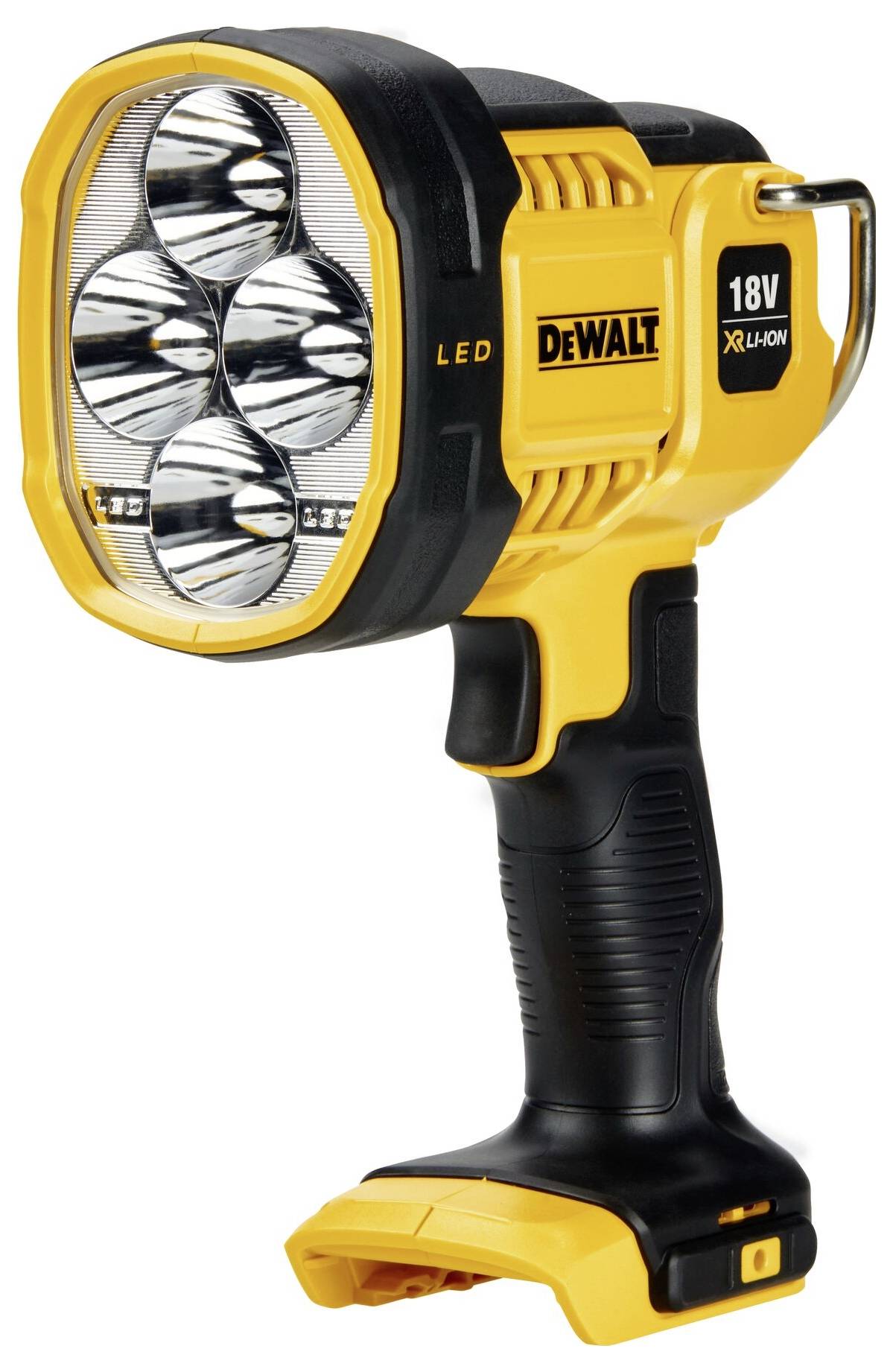 Tragbare gelb-schwarze LED-Lampe mit vier Leuchten und ergonomischem Griff. Markierung: 'DeWalt 18V XR Li-Ion'.