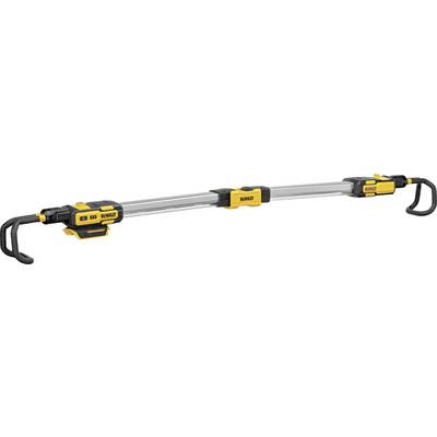 Eine gelb-schwarze DeWalt LED-Lampe mit Haken an beiden Enden, ideal zum Ausleuchten von Arbeitsbereichen.
