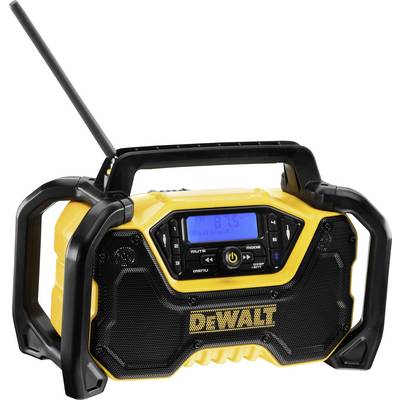 Ein gelbes Baustellenradio mit schwarzem Rahmen und Antenne. Das Display zeigt eine Frequenz an. <br>