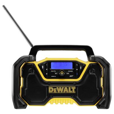Ein gelb-schwarzes tragbares Radio mit einem digitalen Display und Antenne, geeignet für Baustellen.