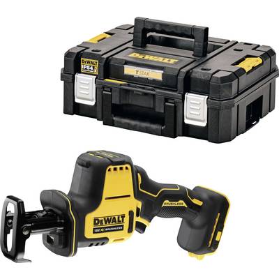 Akkusäbelsäge und Werkzeugkoffer von Dewalt. Die Säge ist gelb-schwarz mit ergonomischem Griff. Der Koffer ist robust und schwarz.