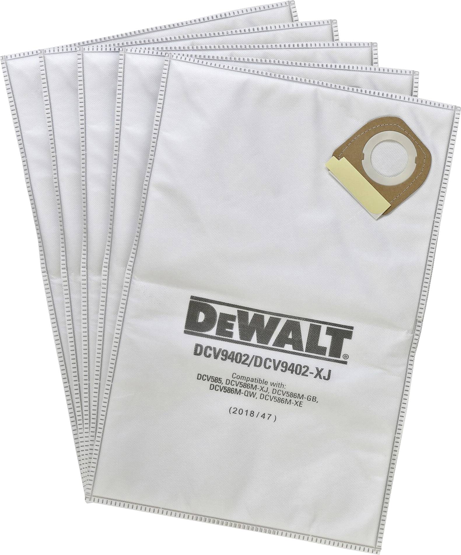 Fünf weiße Staubsaugerbeutel der Marke Dewalt, Modell DCV9402/DCV9402-XJ, mit braunem Pappverschluss, auf weißem Hintergrund.