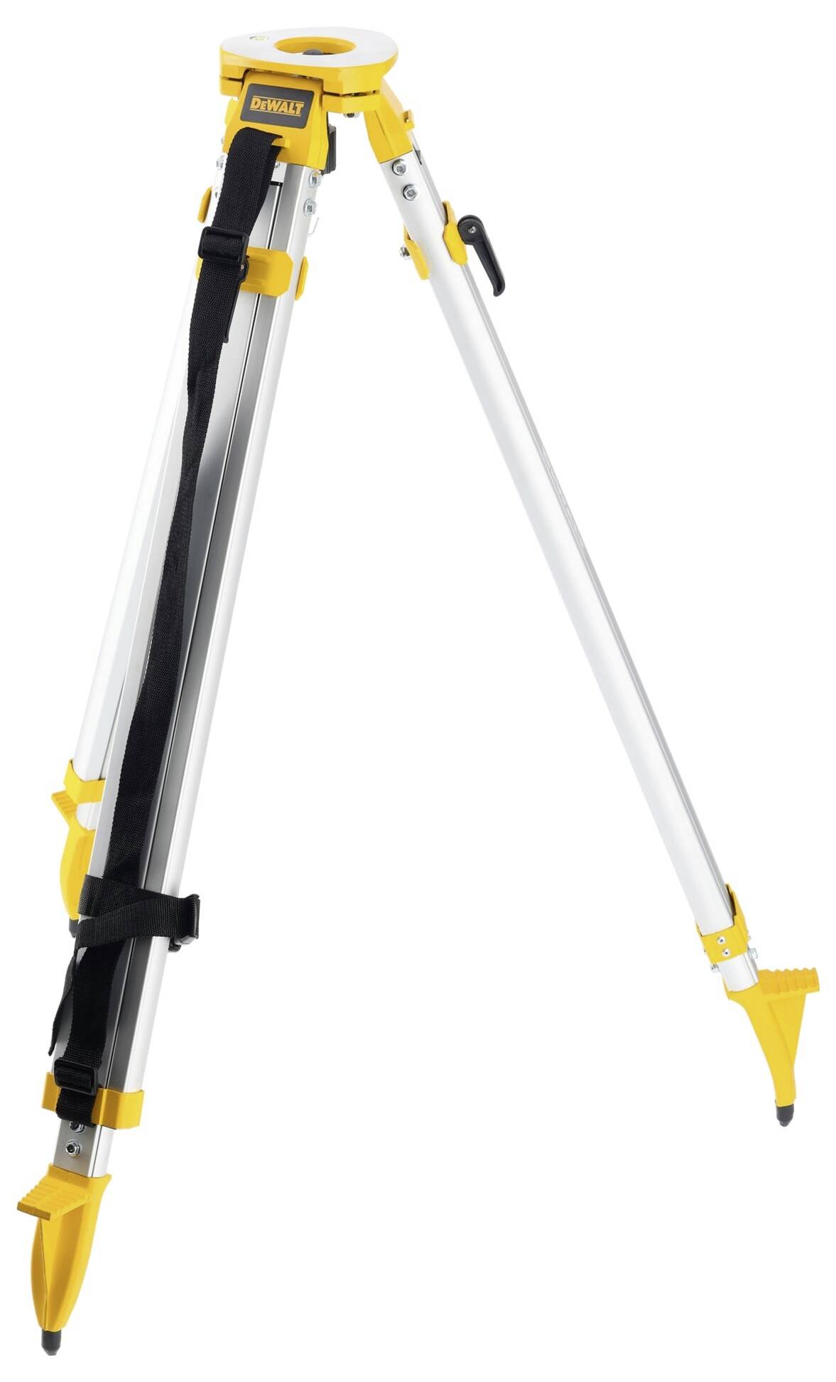 Gelbes Aluminium-Stativ mit drei verstellbaren Beinen und einem Spannband, geeignet für Vermessungs- und Bauarbeiten.