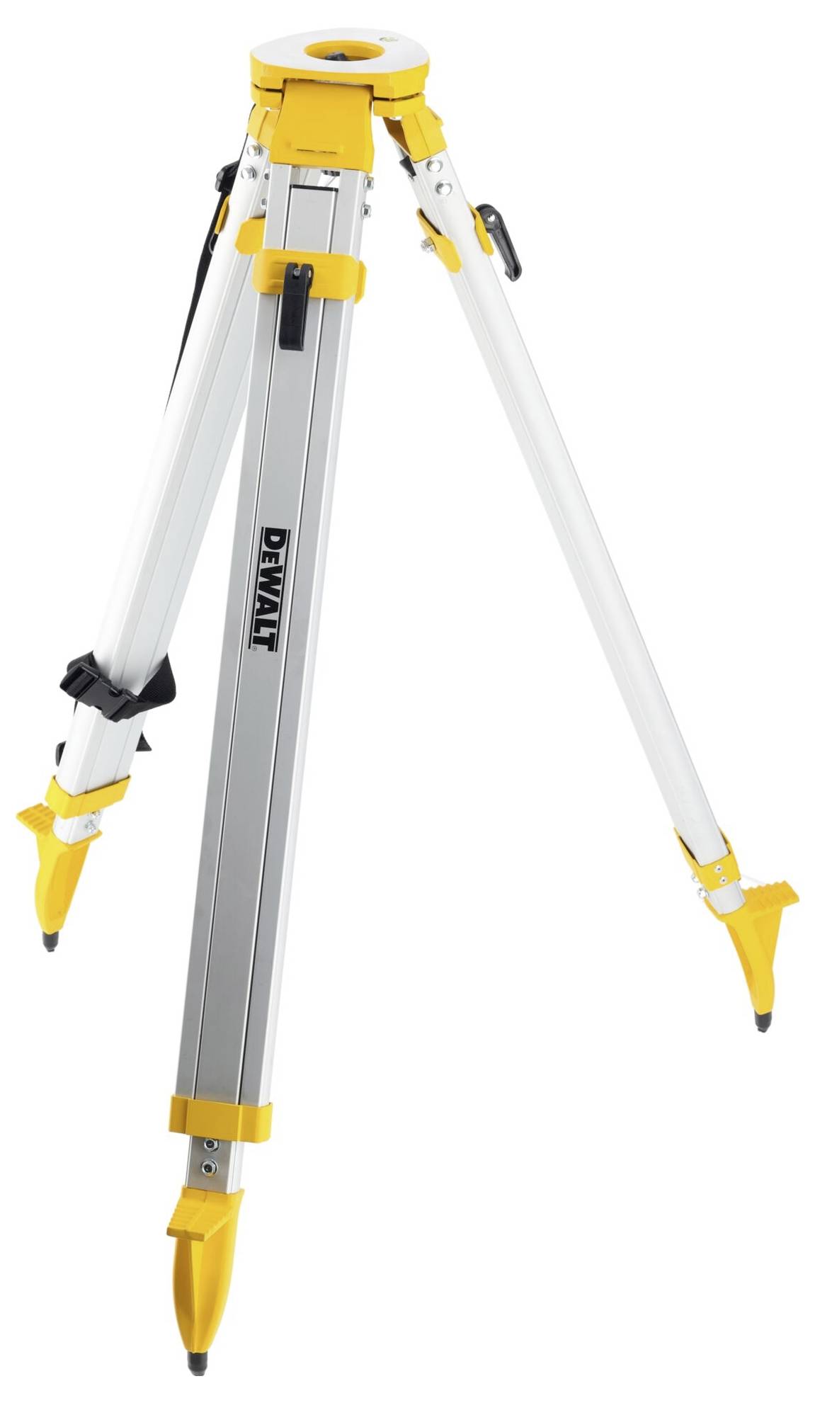 Stativ mit gelben Akzenten, geeignet für Bau- und Vermessungsarbeiten. Robuste Aluminiumkonstruktion für Stabilität.