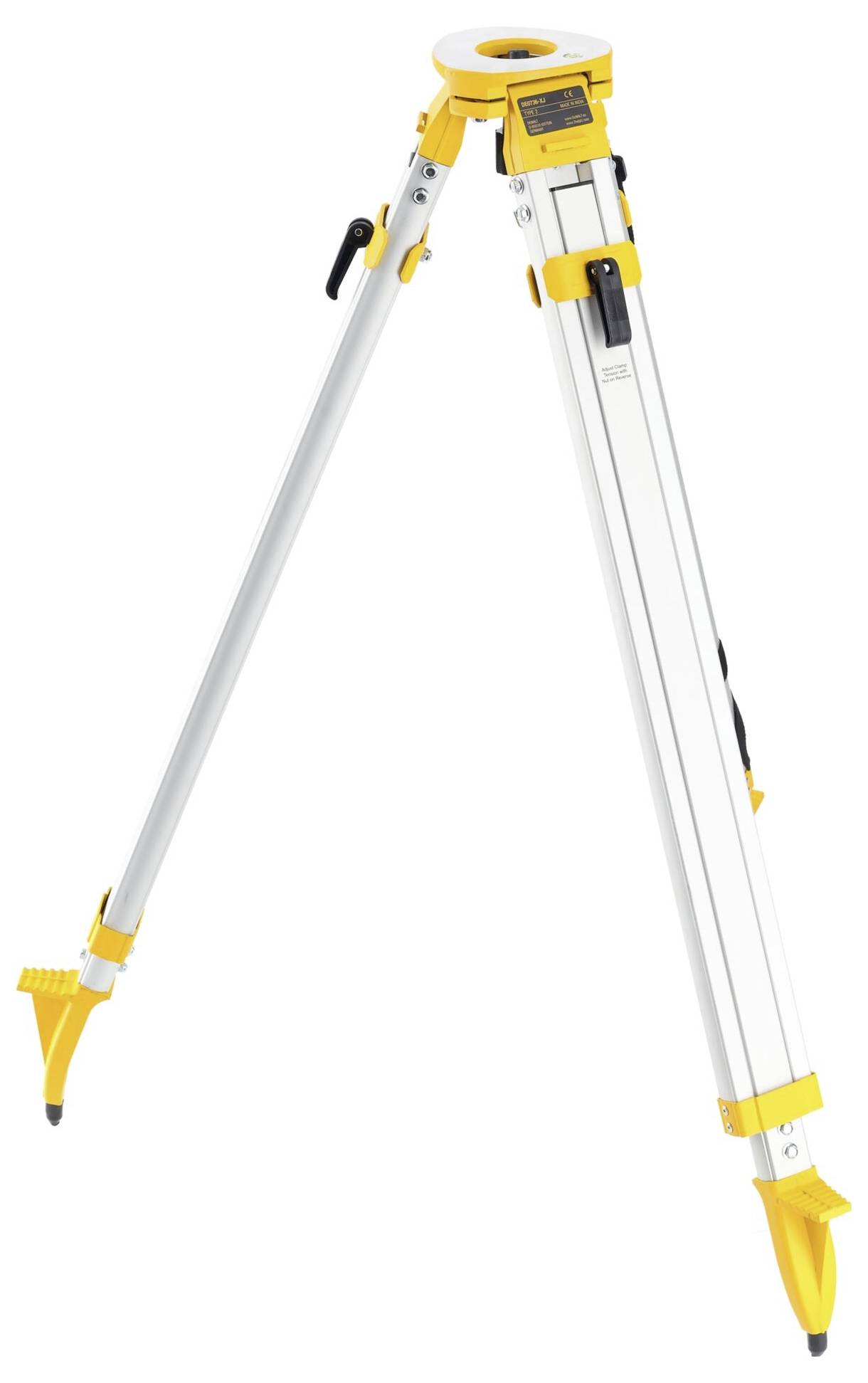 Ein gelb-weißes Stativ mit drei ausziehbaren Beinen und Gummifüßen, geeignet für optische Geräte oder Kameras.