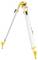 Ein gelb-weißes Stativ mit drei ausziehbaren Beinen und Gummifüßen, geeignet für optische Geräte oder Kameras.
