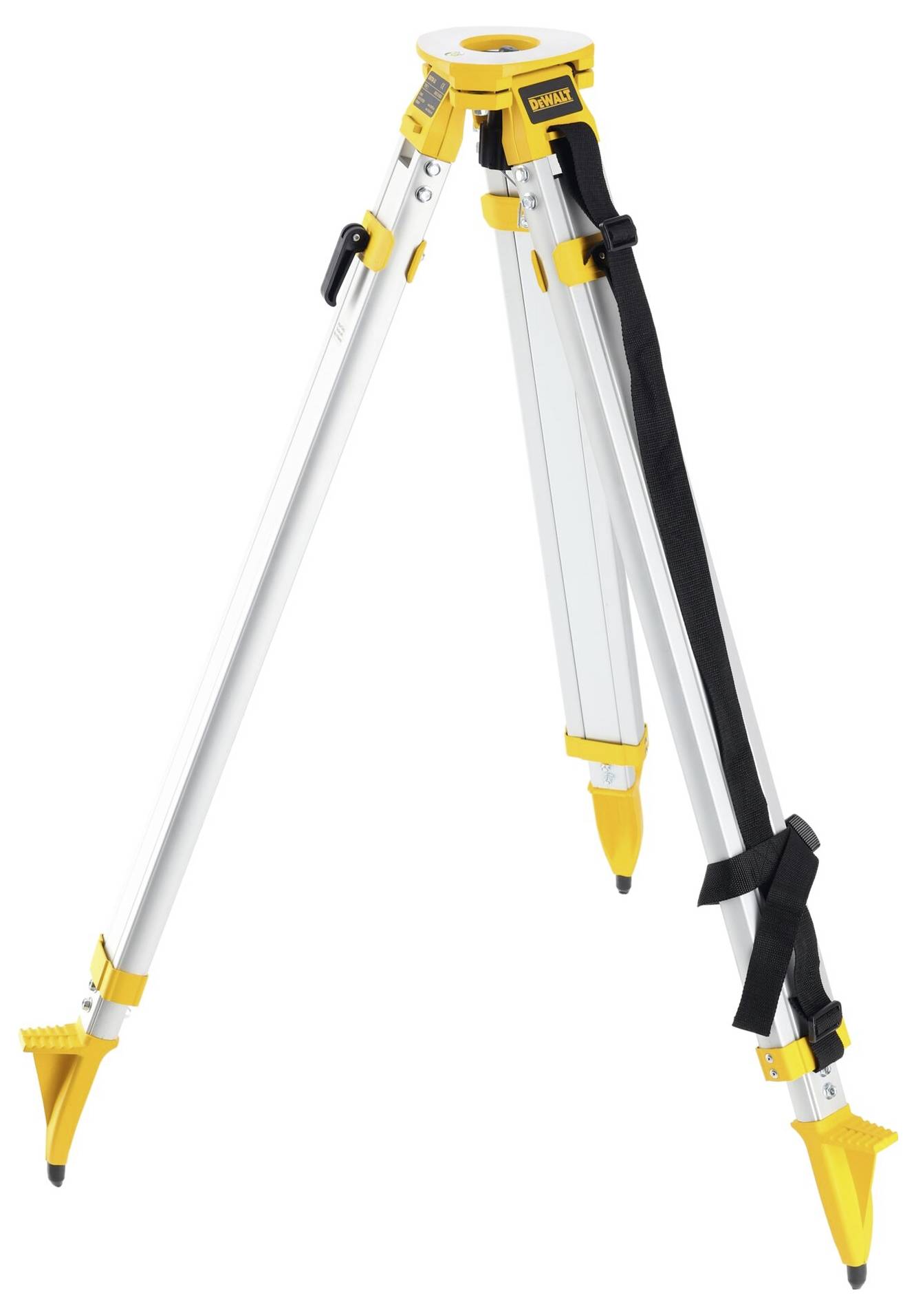 'Dreibeinstativ aus Metall mit gelben Kunststoffteilen und verstellbaren Beinen. Wird oft für Vermessungsgeräte verwendet.'